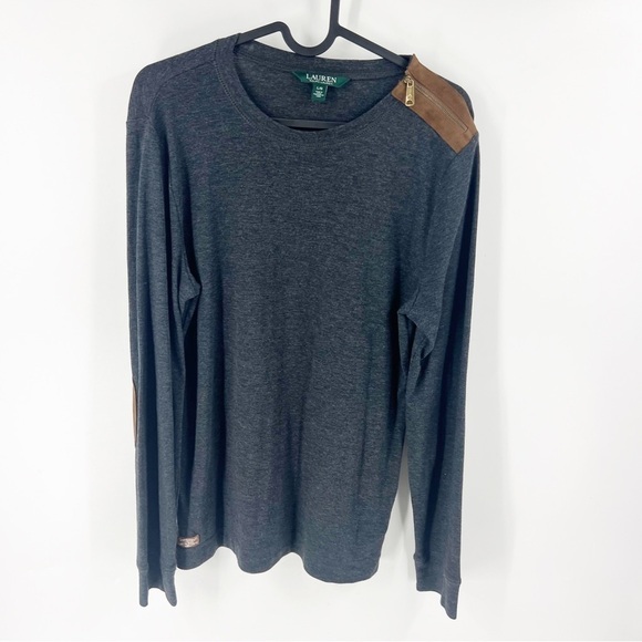 ✅ LAUREN RALPH LAUREN LONG SLEEVE GREY TOP WITH LEATHER ACCENTS SIZE LARGE - Picture 1 of 8